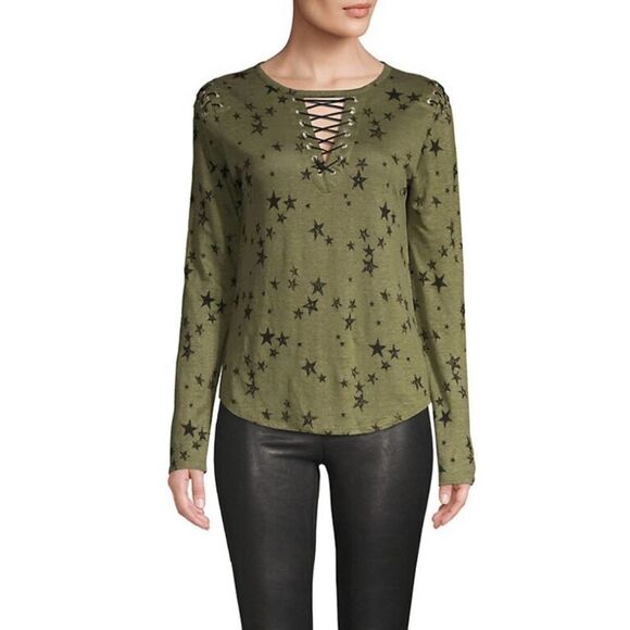 Generation Love Tops - Generation Love Valentina Long Sleeve Lace Up Tee Star Print Green Extra Small